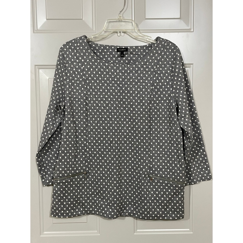 Talbots Knit Top Women Large Gray Polka Dot Excellent Metallic‎ Zipper Pockets